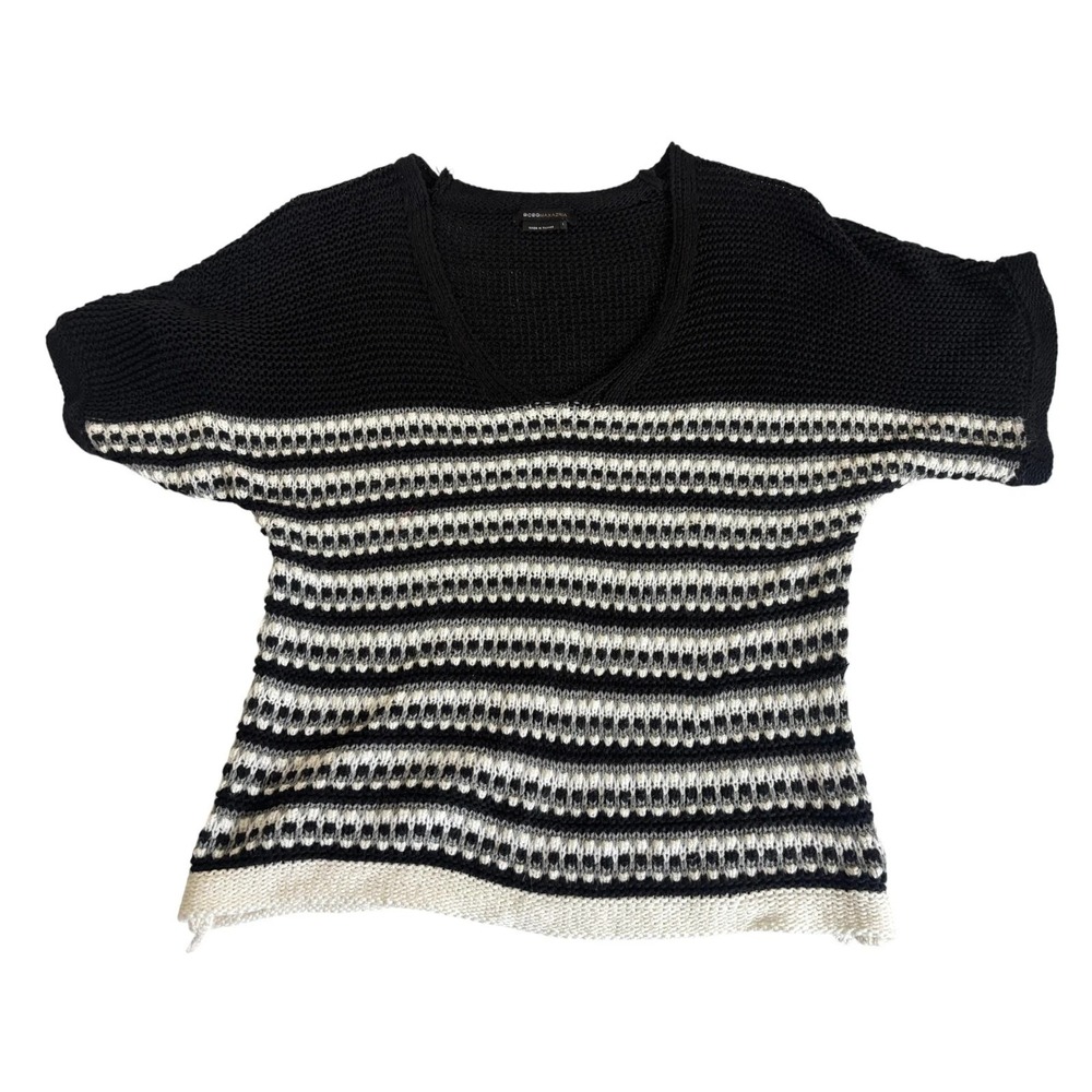 BCBGMAXAZRIA Slouchy Cropped Sweater Womens Large Black White Striped Round Neck